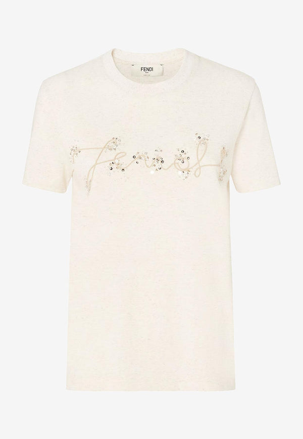 Fendi Embellished Logo T-shirt Light Beige FS7254ASMHF1SAZ_RAFFIA-25_34276907