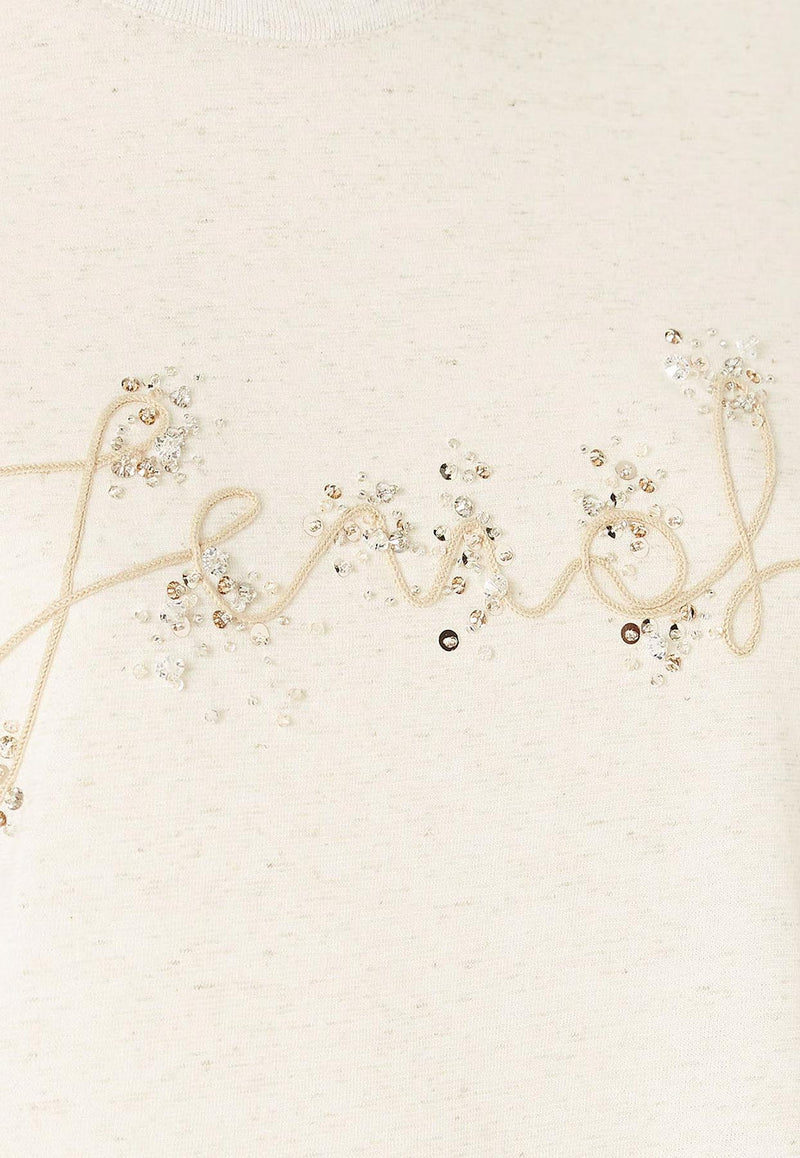 Fendi Embellished Logo T-shirt Light Beige FS7254ASMHF1SAZ_RAFFIA-25_34276907