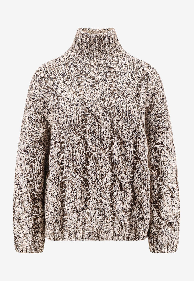 Brunello Cucinelli Cable Knit High-Neck Sweater Brown MGR372904CME31_PANAMA/BLU/MARRONE+QUARZO_29844089