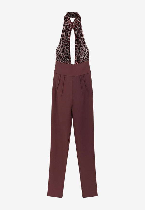 Elisabetta Franchi Crocodile Embroidered Cut-Out Jumpsuit Merlot TU06257E2EA4_Merlot_29843952