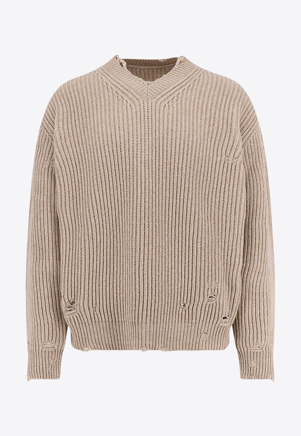 MM6 Maison Margiela Ribbed Knit Distressed Wool Sweater Beige SH0HN0003M13138806M_Beige_29842796