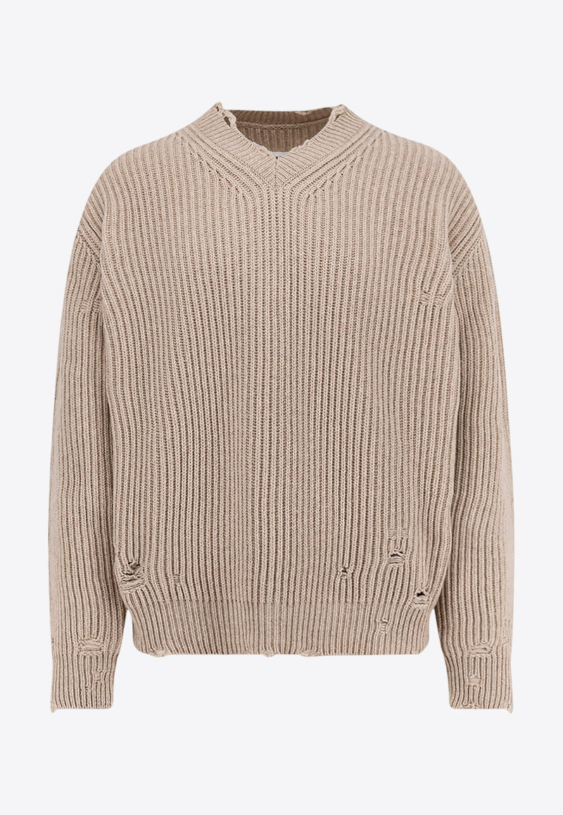 MM6 Maison Margiela Ribbed Knit Distressed Wool Sweater Beige SH0HN0003M13138806M_Beige_29842796