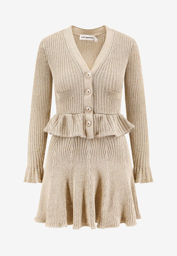 Self-Portrait Ribbed Flared Mini Dress Beige AW25136SGDGOLD_Golden_29840375