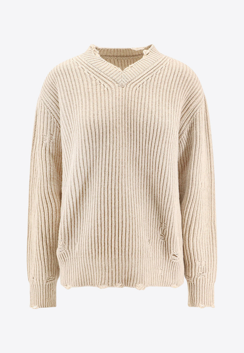 MM6 Maison Margiela Distressed V-neck Ribbed Sweater Beige S52HN0011M13138806M_Beige melange_29848512