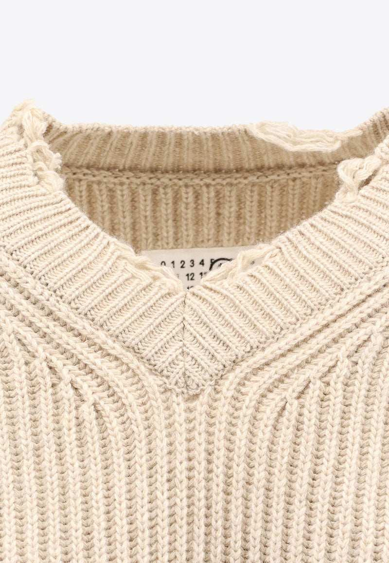 MM6 Maison Margiela Distressed V-neck Ribbed Sweater Beige S52HN0011M13138806M_Beige melange_29848512
