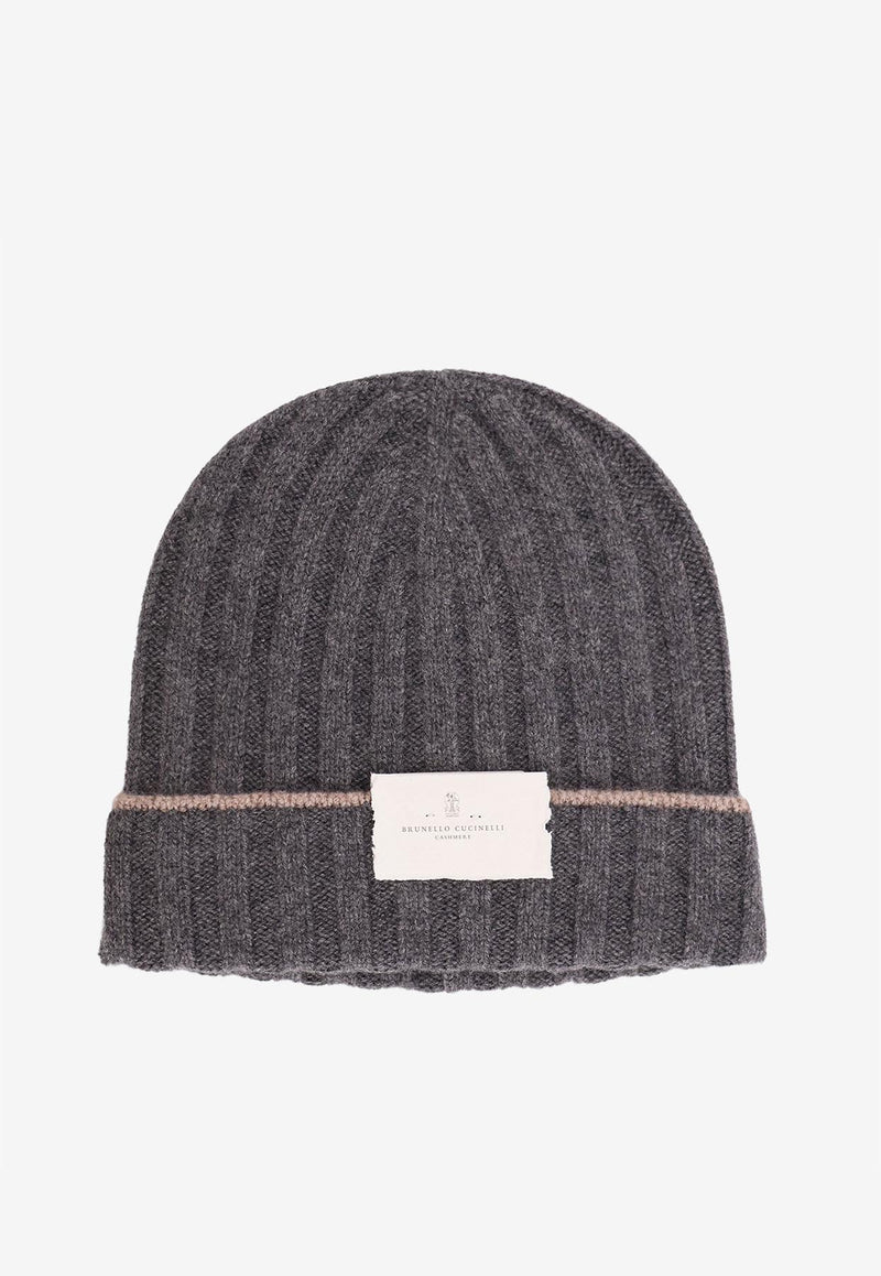 Brunello Cucinelli Logo Patch Ribbed Cashmere Beanie Gray M2240900CBL55_Grey_30004987