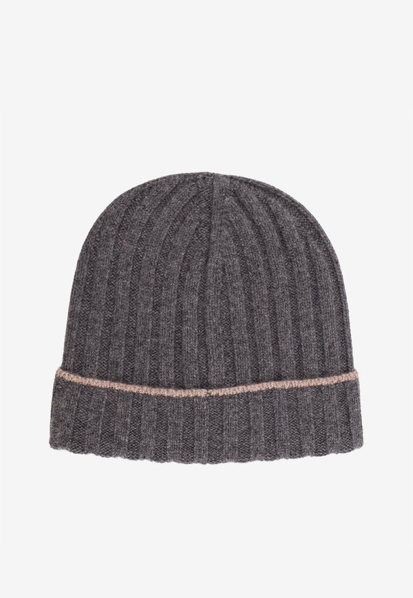 Brunello Cucinelli Logo Patch Ribbed Cashmere Beanie Gray M2240900CBL55_Grey_30004987