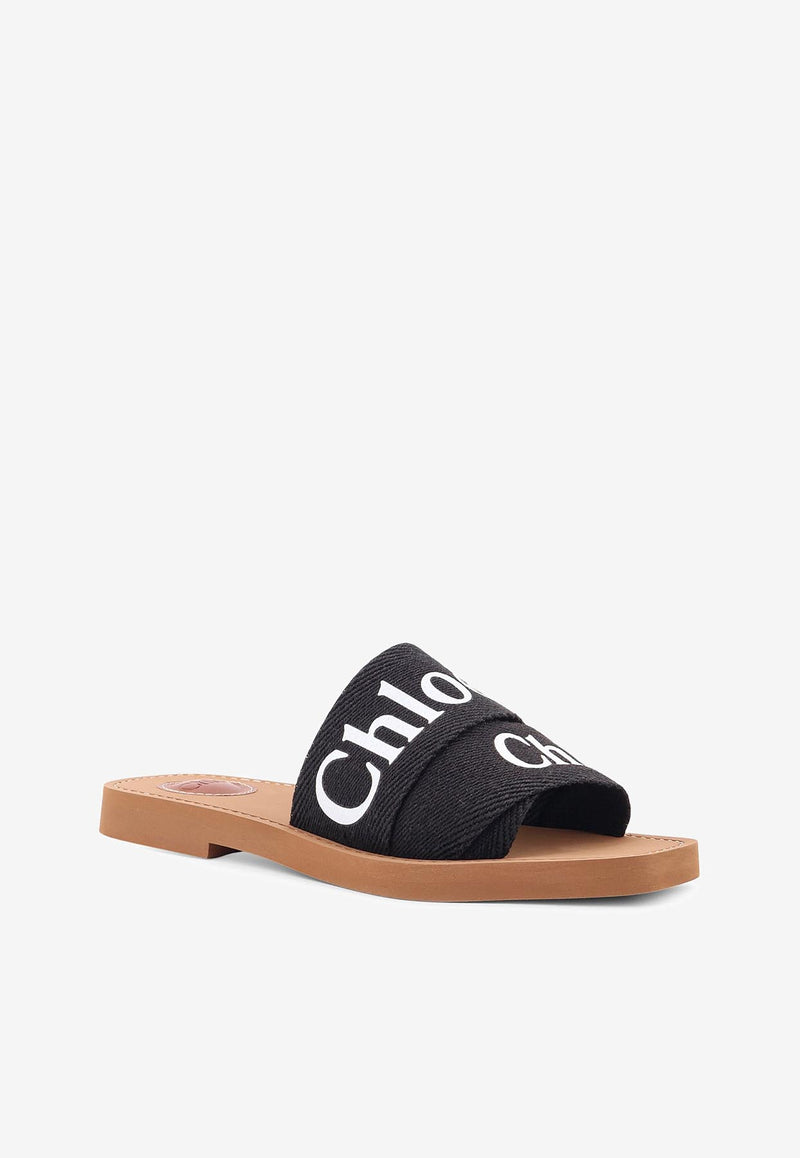 Chloé Woody Linen Flat Sandals Black CHC22U188Z3001_Black_29840468