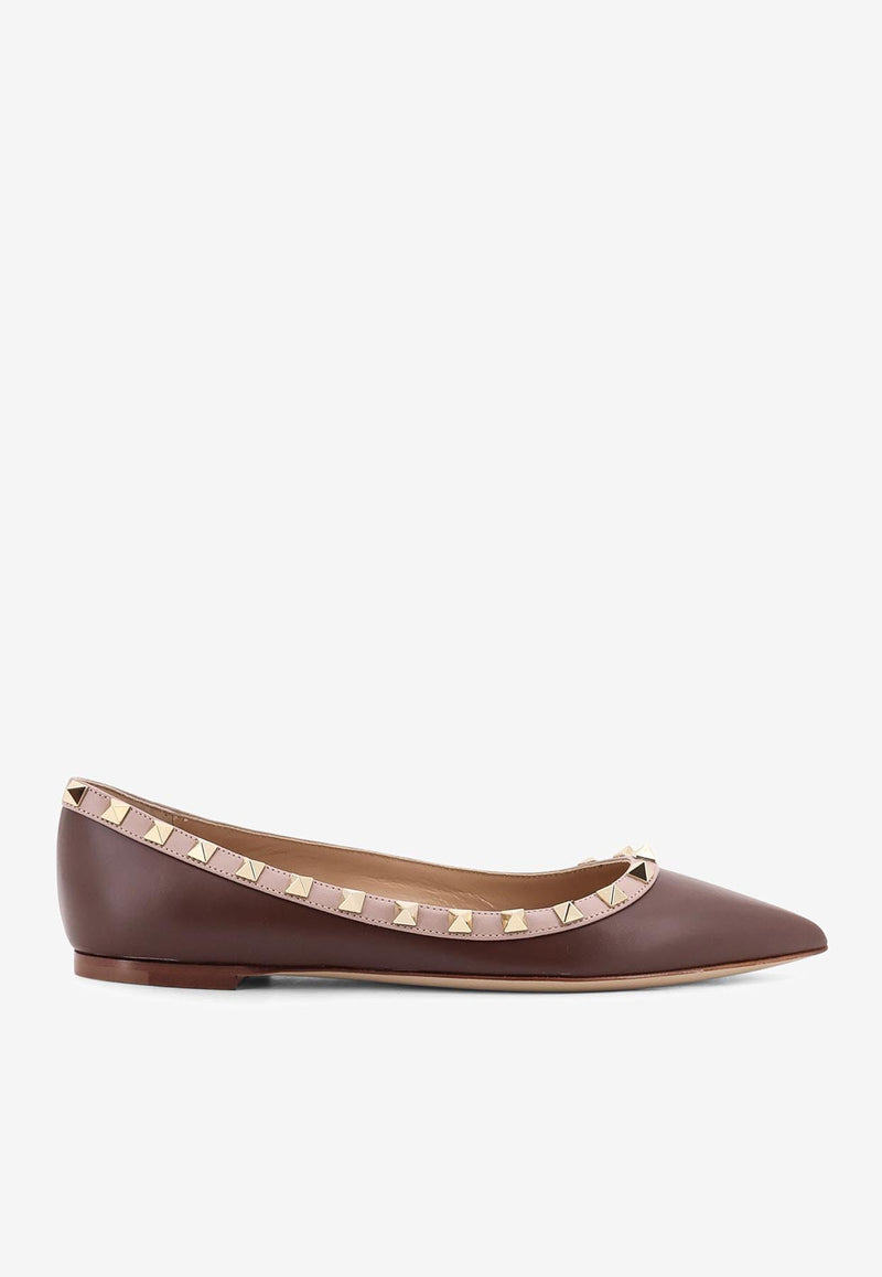 Valentino Rockstud Leather Pointed-Toe Flats Brown 7W2S0403VODCUW_LIGHT COFFEE/POUDRE_29843063