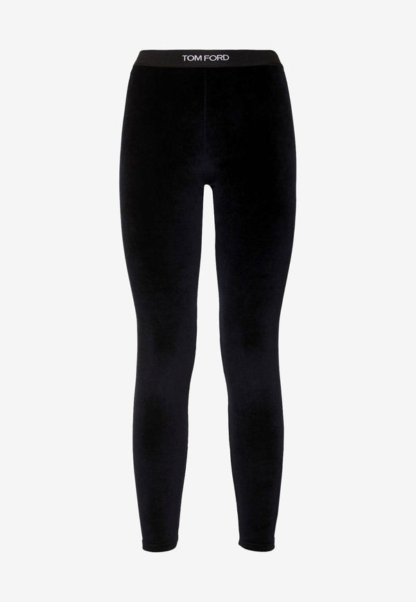 Tom Ford Logo-Waistband Velvet Leggings Blue PAJ121JEX065HB593_Blue_29848695