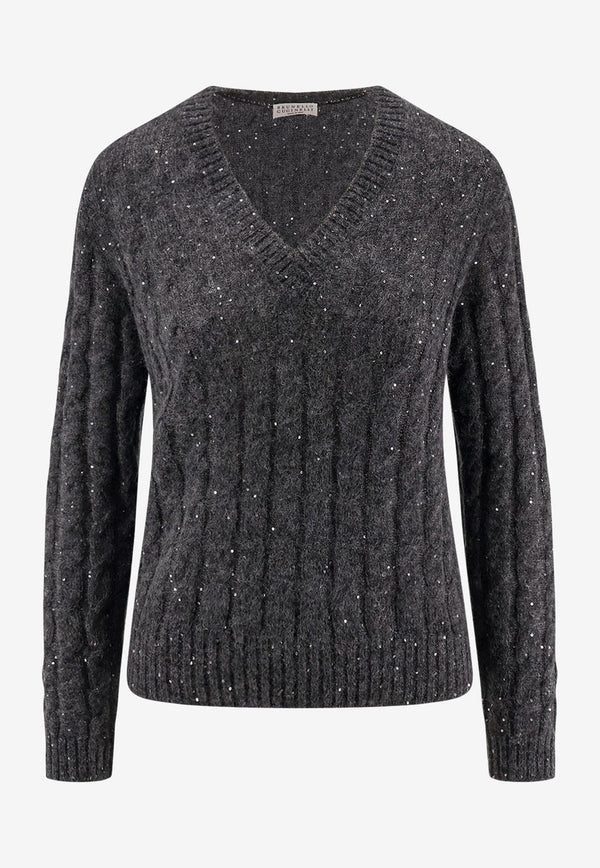 Brunello Cucinelli Cable Knit V-neck Sweater Gray MPG731302PC3595_Grey_29845204