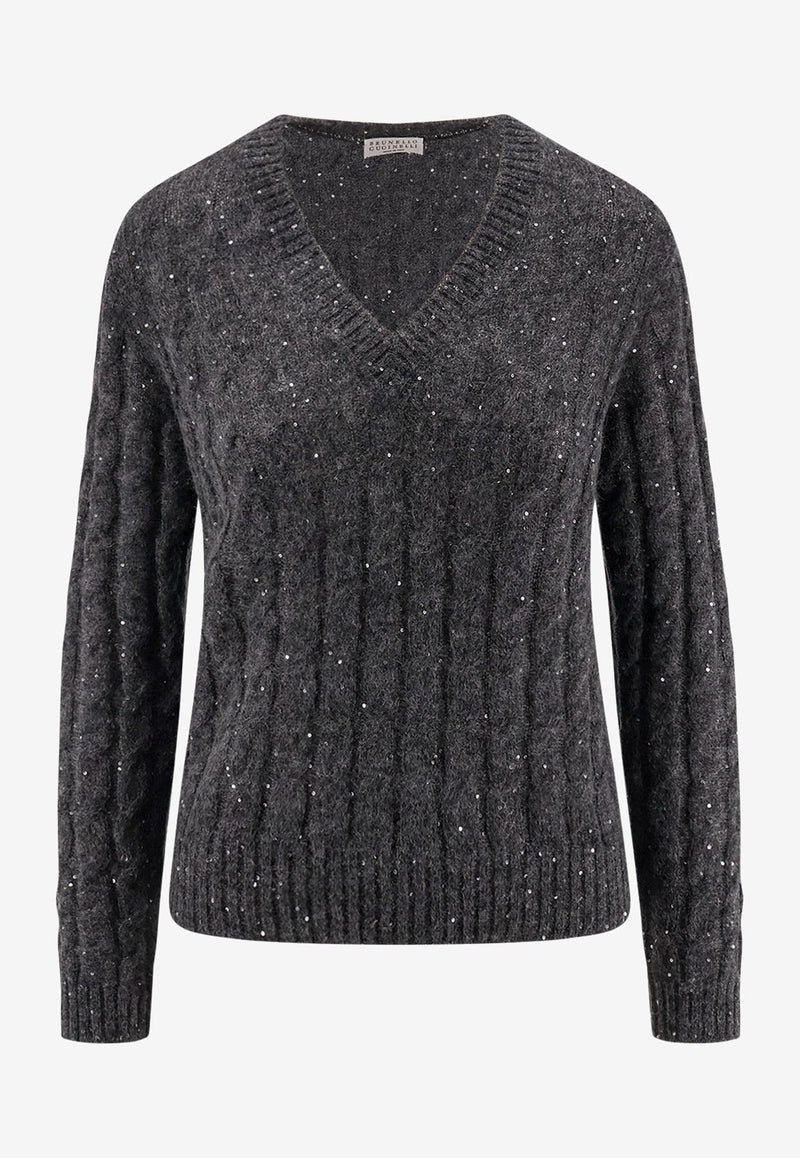 Brunello Cucinelli Cable Knit V-neck Sweater Gray MPG731302PC3595_Grey_29845204