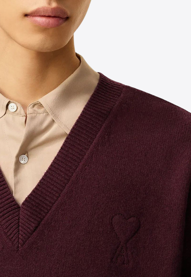 AMI PARIS Ami De Coeur V-neck Wool Sweater Burgundy UKS820KN0071_692
