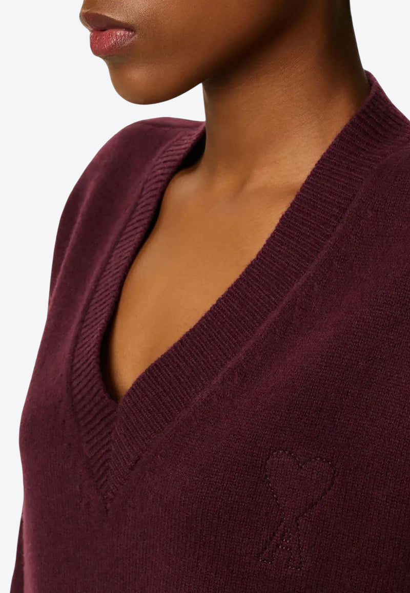 AMI PARIS Ami De Coeur V-neck Wool Sweater Burgundy UKS820KN0071_692