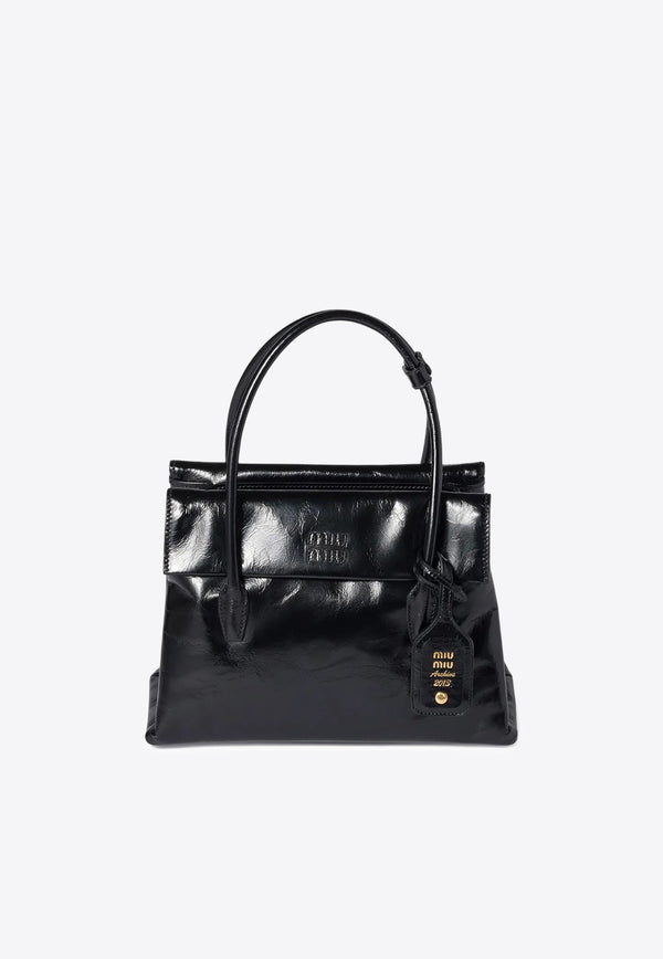 Miu Miu Solitaire Shiny Leather Top Handle Bag Black 5BA302VOWOUS0_F0002