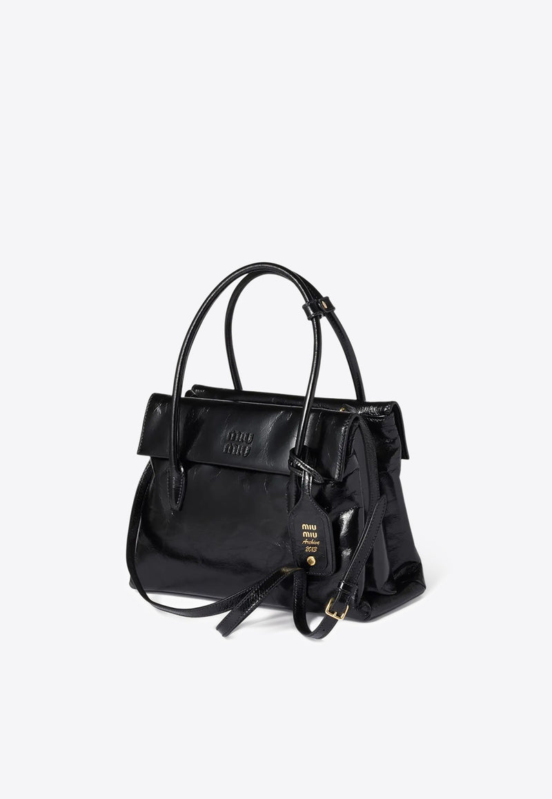 Miu Miu Solitaire Shiny Leather Top Handle Bag Black 5BA302VOWOUS0_F0002