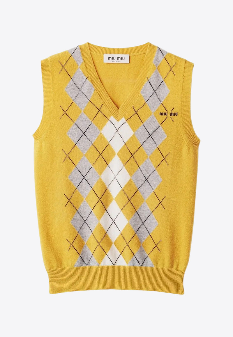 Miu Miu Argyle Knit Cashmere Vest Yellow MMV296SOOO174B_F0010