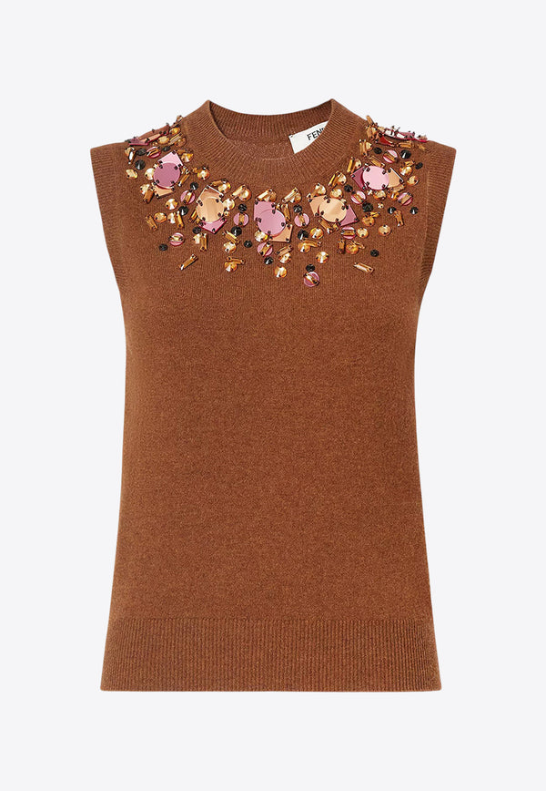 Fendi Embellished Wool and Cashmere Knit Top Brown FZXE01AUZWF1T6K_RUST-25_29853875
