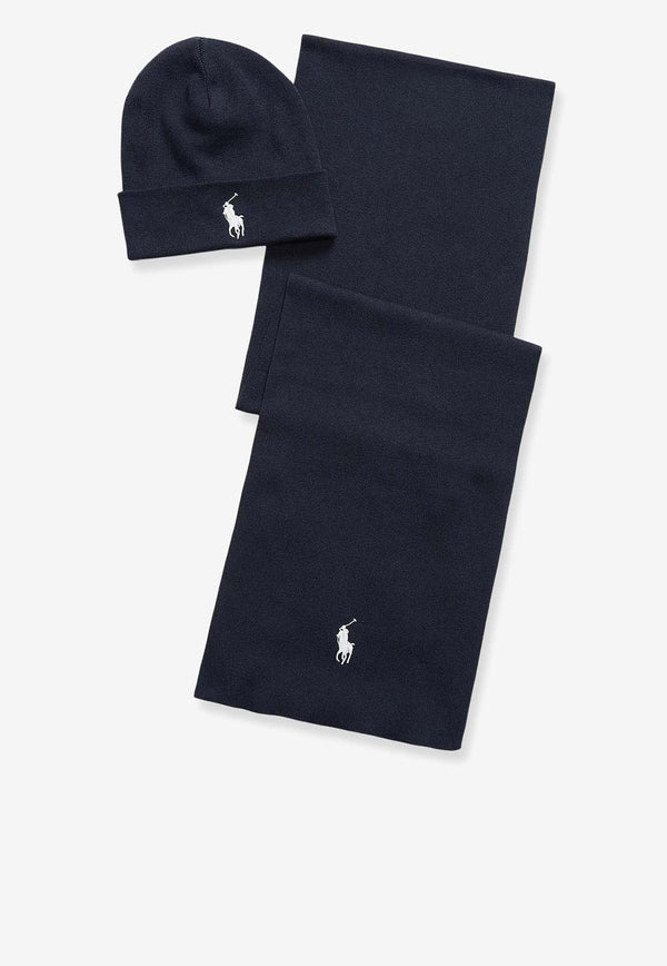 Polo Ralph Lauren Logo Embroidered Scarf and Beanie Set Navy 710953262003_NAVY HEATHER_29843239
