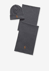 Polo Ralph Lauren Logo Embroidered Scarf and Beanie Set Gray 710953262004_IRON GREY HEATHER_29840273