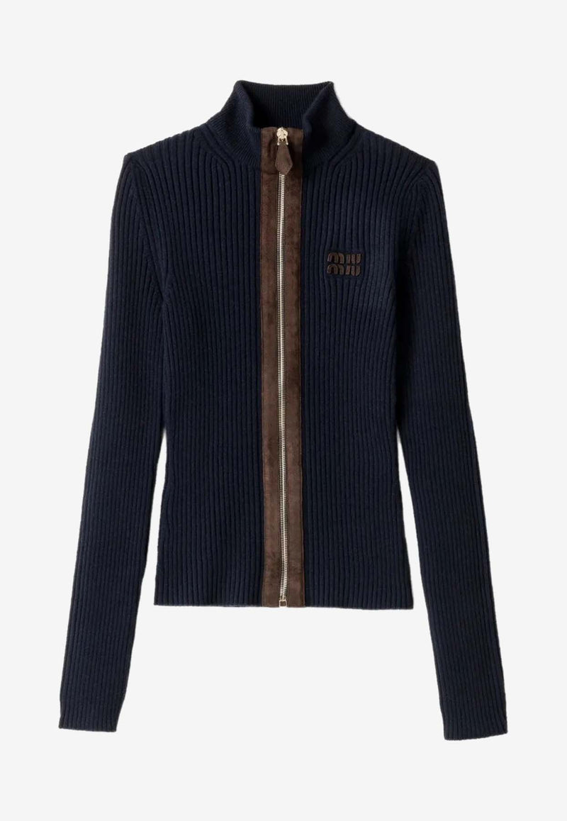 Miu Miu Ribbed Zip-Up Cardigan Navy MMF992SOOO1747_F0008