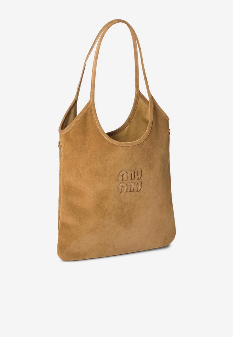 Miu Miu Ivy Logo Patch Suede Shoulder Bag Brown 5BG231VMLN2CSS_F0393