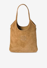 Miu Miu Ivy Logo Patch Suede Shoulder Bag Brown 5BG231VMLN2CSS_F0393
