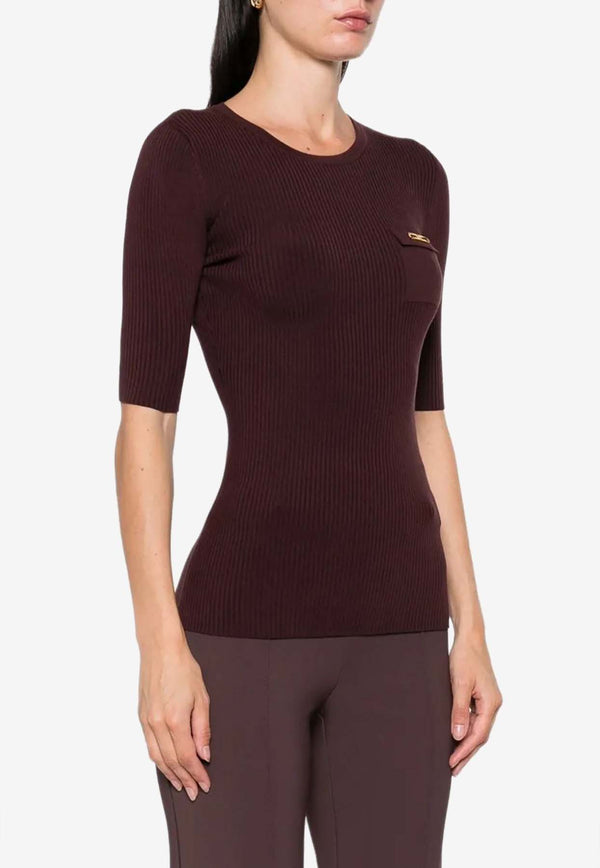 Elisabetta Franchi Logo Plaque Ribbed Top Brown MK10B56E2_EA4