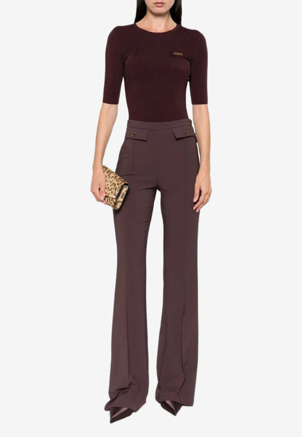 Elisabetta Franchi Logo Plaque Ribbed Top Brown MK10B56E2_EA4