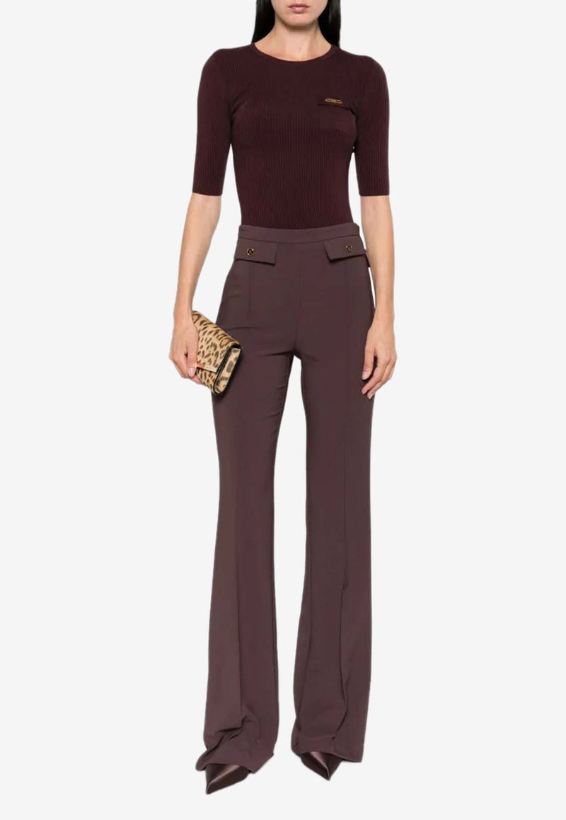 Elisabetta Franchi Logo Plaque Ribbed Top Brown MK10B56E2_EA4