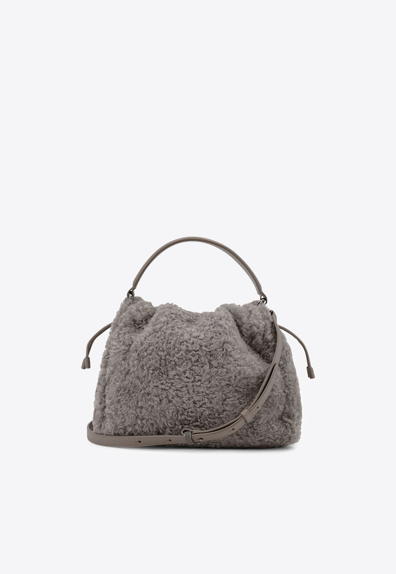Brunello Cucinelli Small Mellow Shearling Bucket Bag Gray MBAED3610C9701_White_34275615