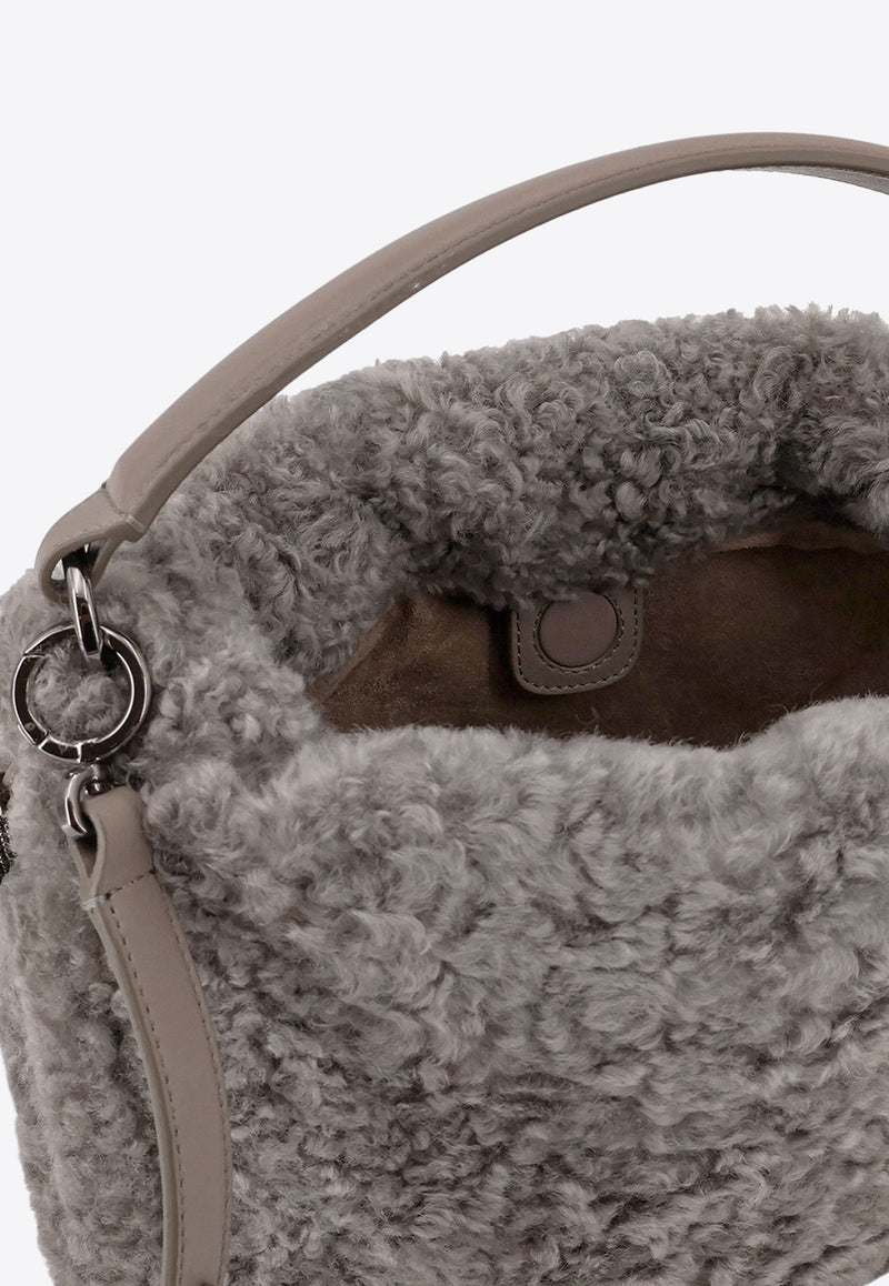 Brunello Cucinelli Small Mellow Shearling Bucket Bag Gray MBAED3610C9701_White_34275615