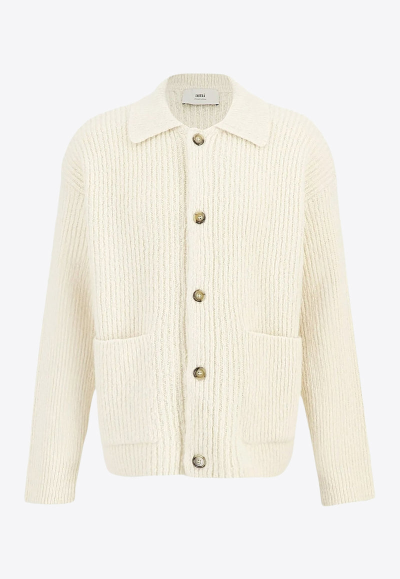 AMI PARIS Wool-Blend Knitted Cardigan Ivory HKC354KN0112185_IVOIRE_29843786