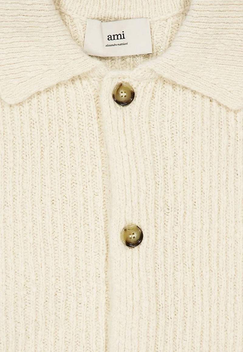 AMI PARIS Wool-Blend Knitted Cardigan Ivory HKC354KN0112185_IVOIRE_29843786