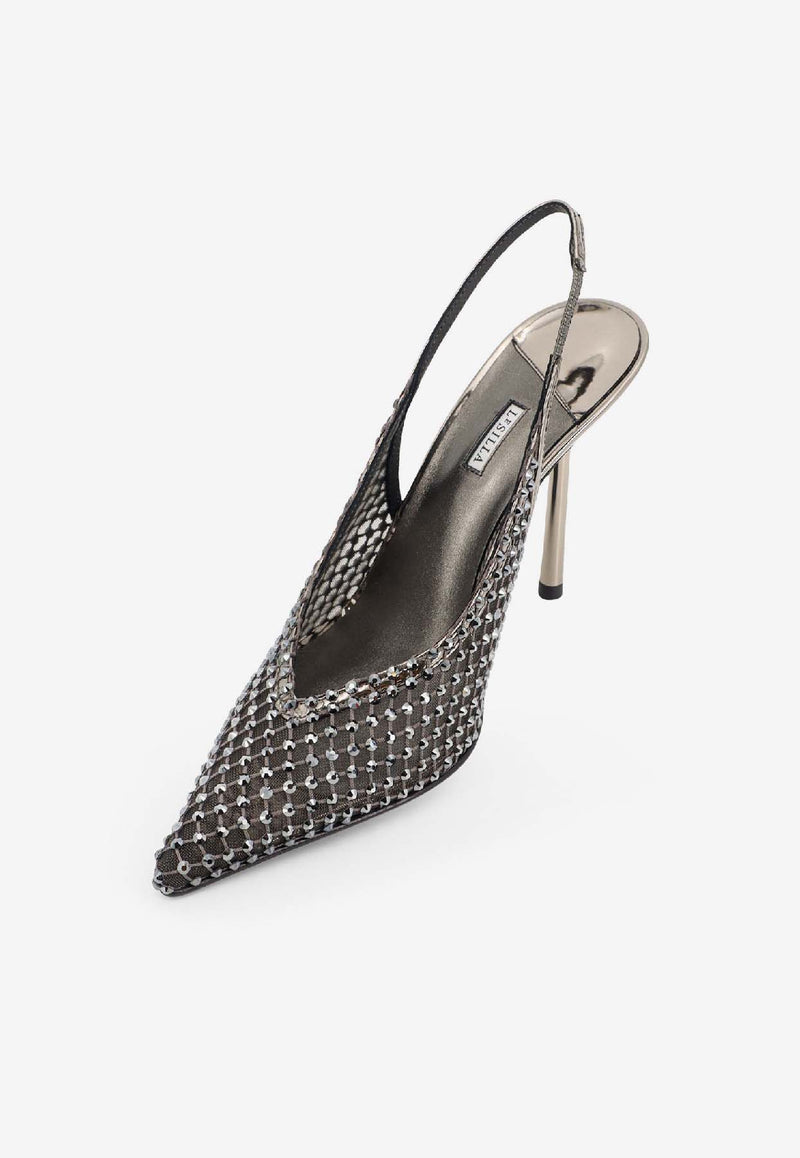 Le Silla Gilda 100 Crystal Mesh Slingback Pumps Silver 4189E090BXPPSTE922_Peltro_35065903