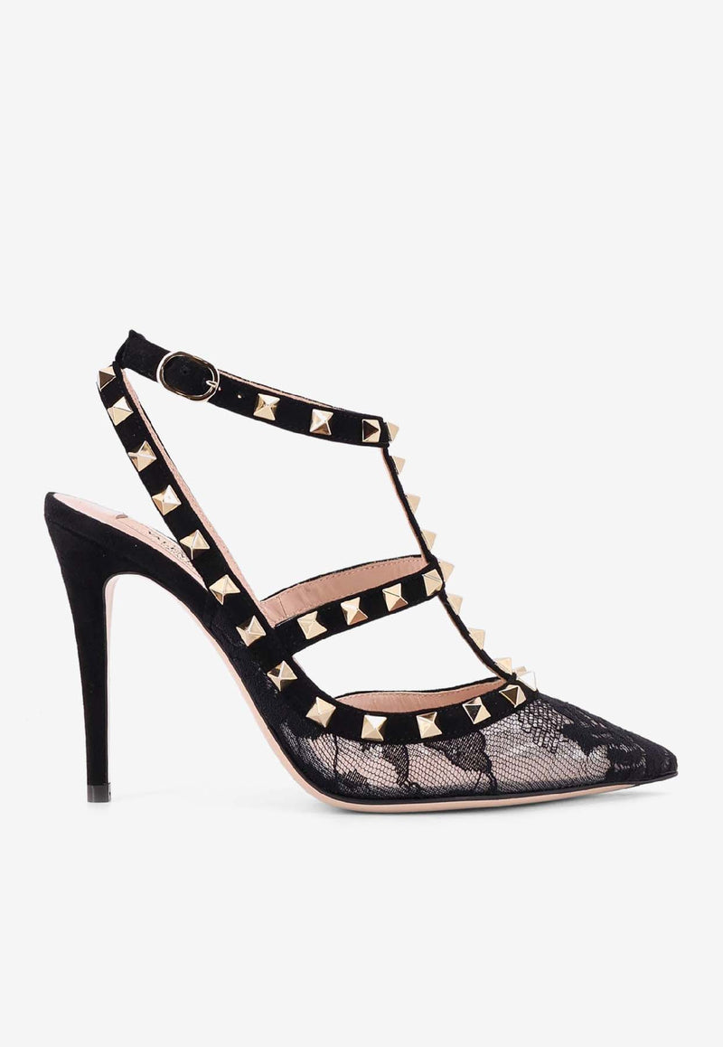 Valentino Rockstud 100 Suede and Lace Pumps Black 7W0S0393KKN0NO_Black_30005370