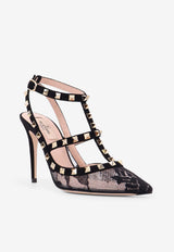 Valentino Rockstud 100 Suede and Lace Pumps Black 7W0S0393KKN0NO_Black_30005370