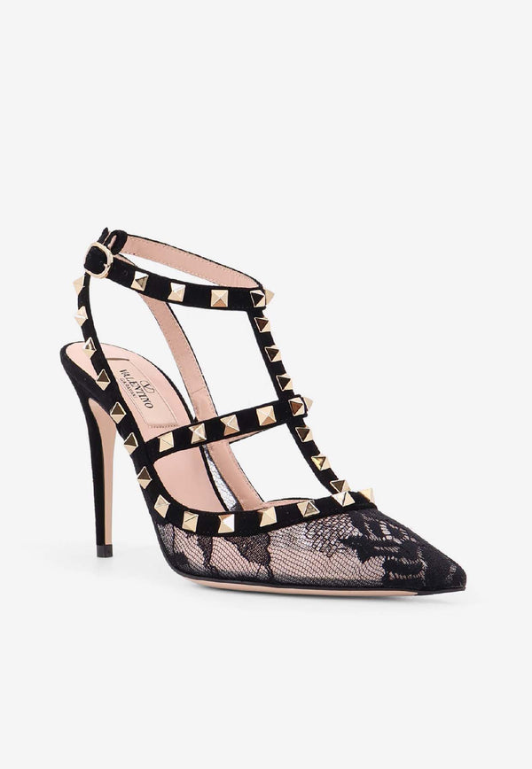 Valentino Rockstud 100 Suede and Lace Pumps Black 7W0S0393KKN0NO_Black_30005370