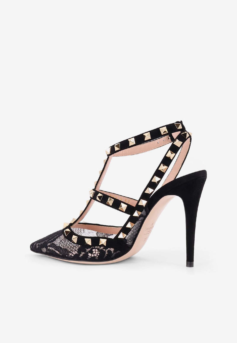 Valentino Rockstud 100 Suede and Lace Pumps Black 7W0S0393KKN0NO_Black_30005370