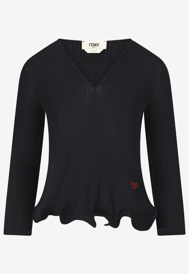Fendi V-neck Peplum Knit Top Black FS9741AVFEF0GME_Black_35307724