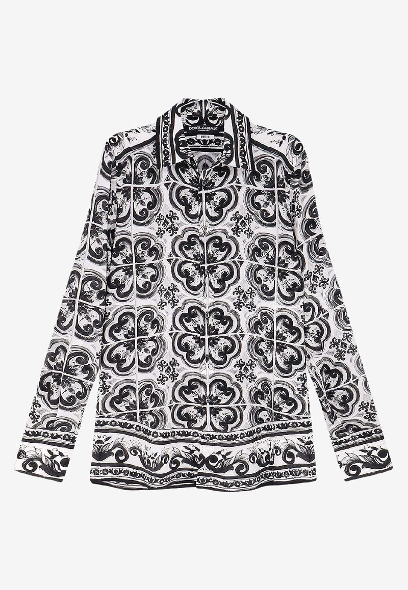 Dolce & Gabbana Majolica Print Silk Shirt Monochrome G5MM4THI1Y5IU3TN_MAIOLICA 3 NERO_29840691