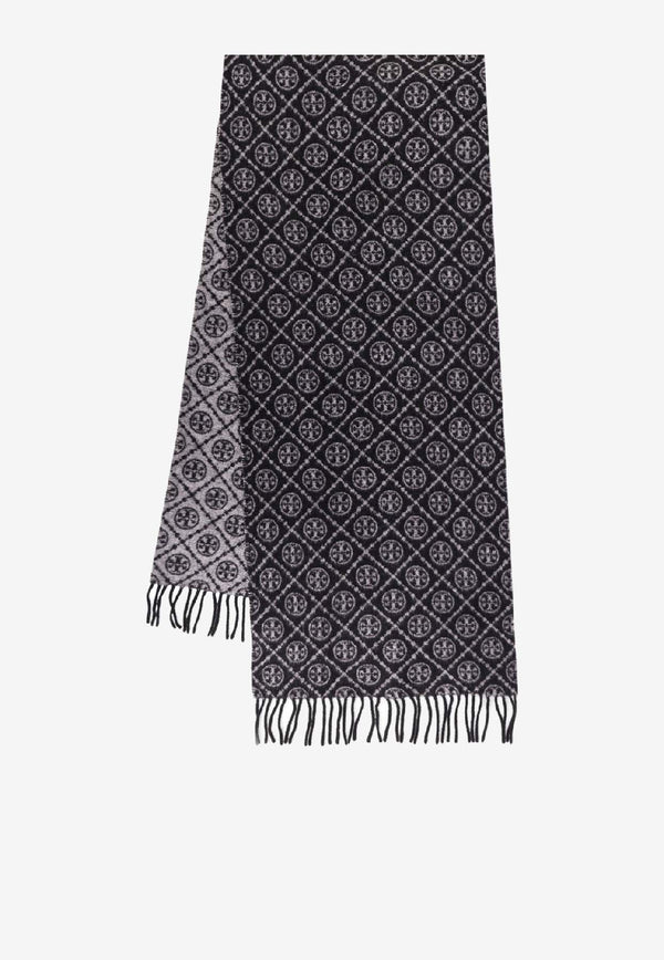 Tory Burch T Monogram Oblong Wool-Blend Scarf Gray 164571001_Black_40028379