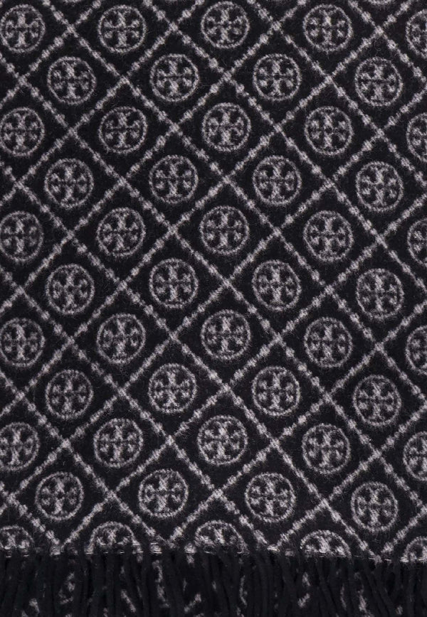 Tory Burch T Monogram Oblong Wool-Blend Scarf Gray 164571001_Black_40028379