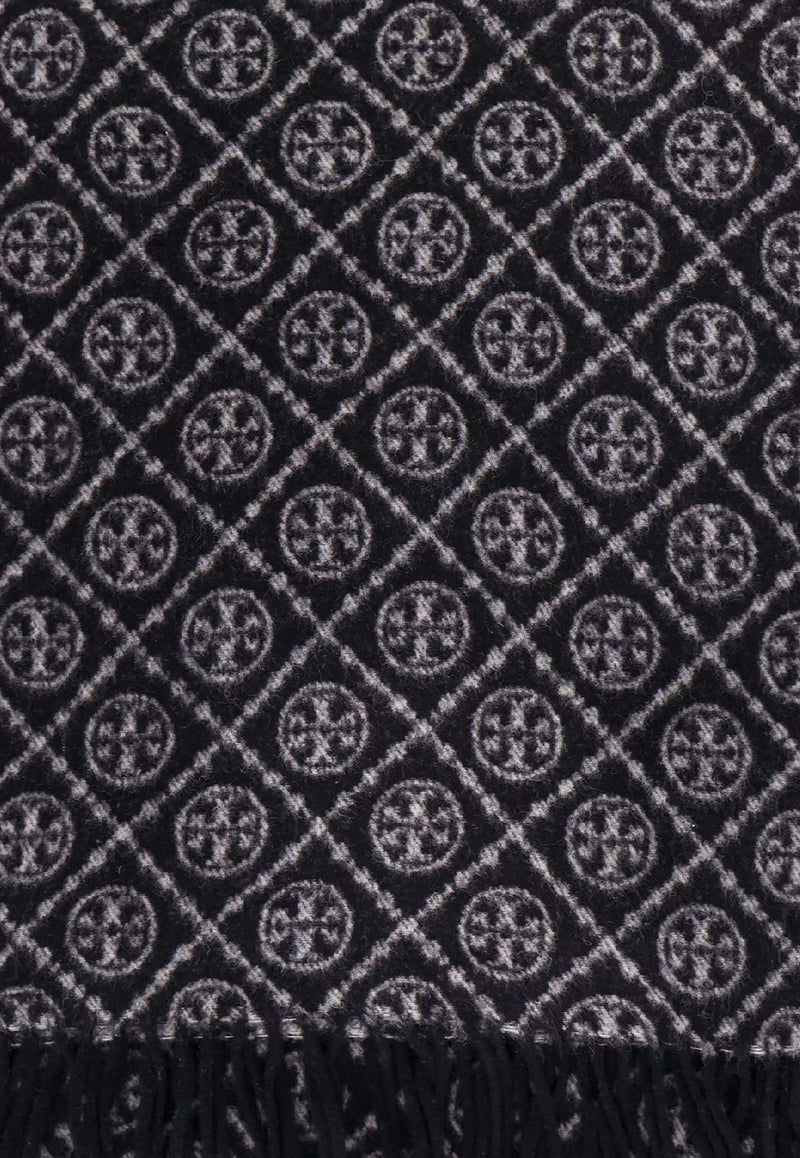 Tory Burch T Monogram Oblong Wool-Blend Scarf Gray 164571001_Black_40028379