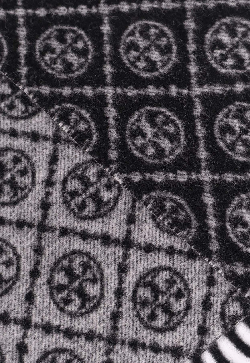 Tory Burch T Monogram Oblong Wool-Blend Scarf Gray 164571001_Black_40028379