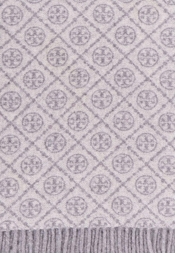 Tory Burch T Monogram Oblong Wool-Blend Scarf Gray 164571020_Gray_40005165