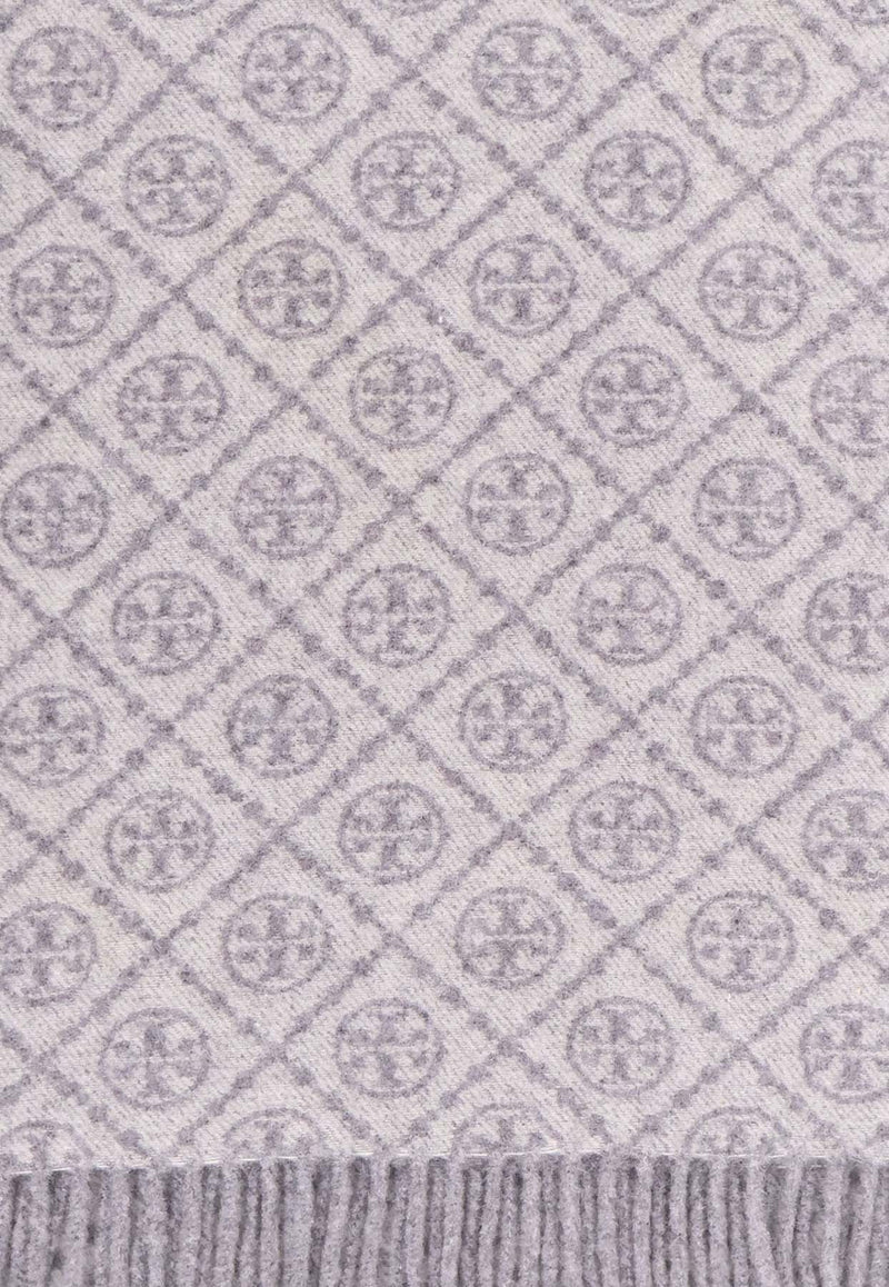 Tory Burch T Monogram Oblong Wool-Blend Scarf Gray 164571020_Gray_40005165