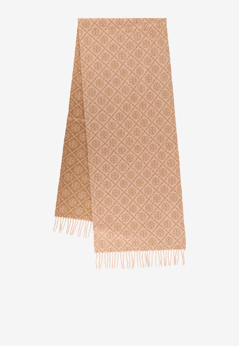 Tory Burch T Monogram Oblong Wool-Blend Scarf Beige 164571250_Brown_40027963