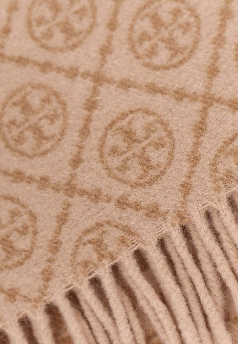 Tory Burch T Monogram Oblong Wool-Blend Scarf Beige 164571250_Brown_40027963