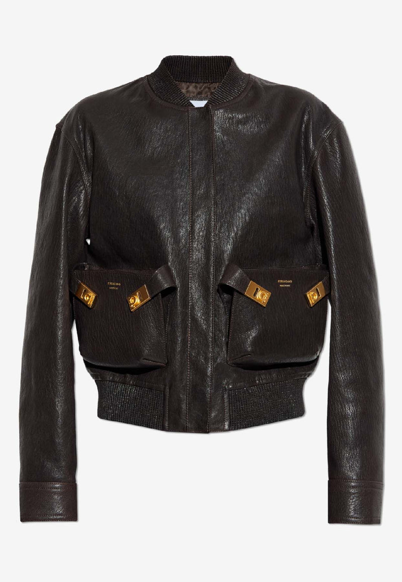 Ferragamo Cropped Leather Bomber Jacket Brown 13H644 B 788386-EXPRESSO
